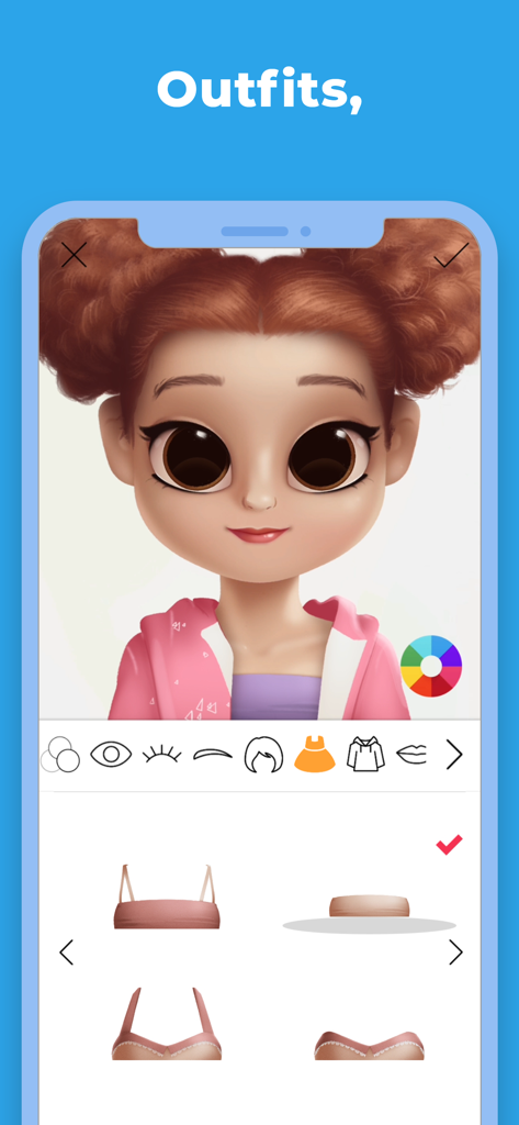 Dollify app interface showing character outfit customization options