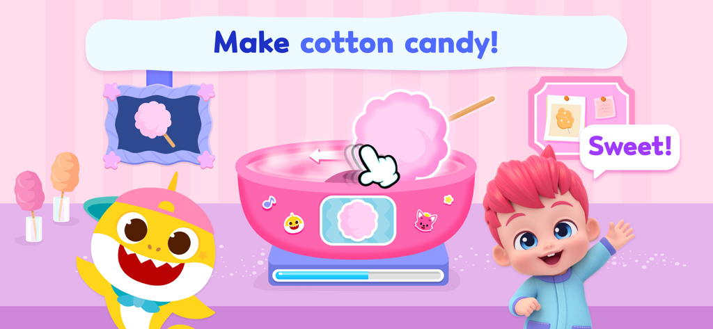 Baby Shark y Bebefinn haciendo algodón de azúcar rosa en un colorido juego educativo
