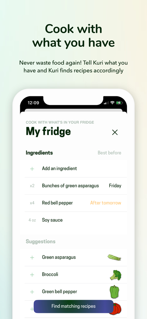 Recipe Keeper & Planner - Kuri - Interface de l'application Kuri montrant la fonction Mon Frigo où les utilisateurs listent les ingrédients pour trouver des recettes correspondantes.