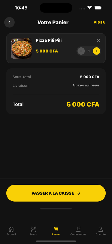 Warenkorb-Bildschirm in der Shawarma House App, der eine Pizza-Bestellung und eine Schaltfläche zur Kasse anzeigt