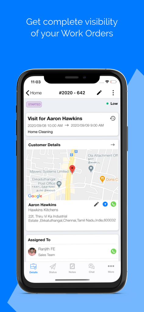 Zuper Pro - Zuper Pro mobile app interface showing a work order details screen with customer location on a map and assigned technician