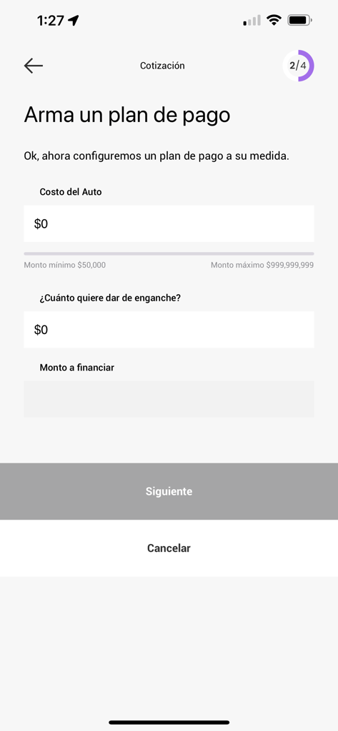 Atria - Pantalla de la aplicación Atria para crear un plan de pago de auto personalizado con entradas de costo y pago inicial.