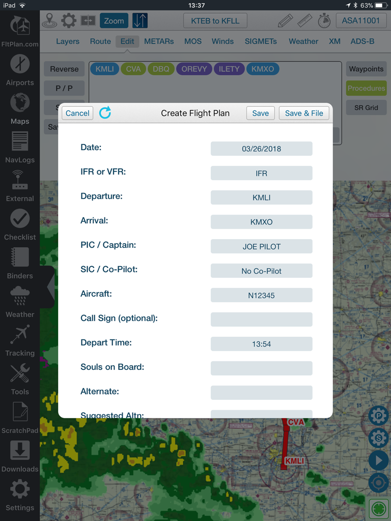FltPlan Go - A pilot filling out a flight plan form in the FltPlan Go app over a navigation map with weather overlays.