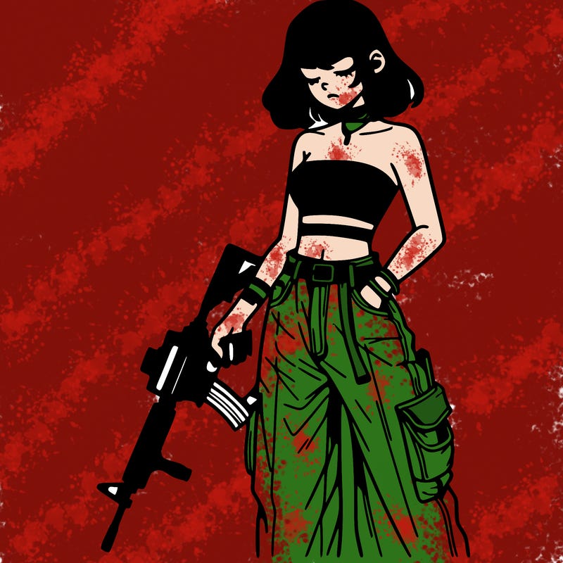a dangerous girlcrop top and baggy jeans with a rifle in her hand