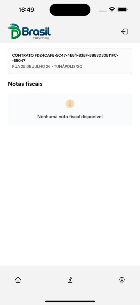 Brasil Digital Telecom - Brasil Digital Telecom app screen showing the tax invoices section with no records available.