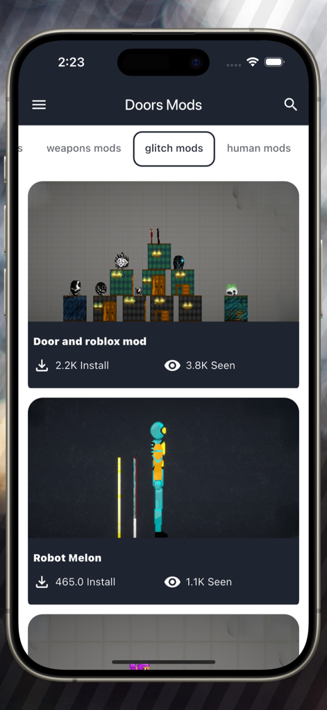 Rainbow Mods for Playground - A mobile app interface displaying various mod categories and character skins for Melon Playground including Door and Robot mods.