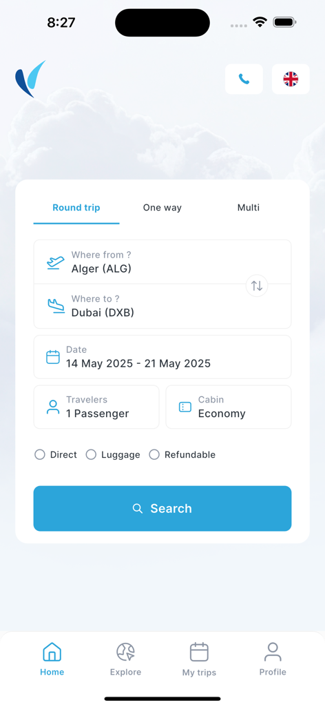 Flight search interface on the Volz app showing round trip options from Algiers to Dubai.