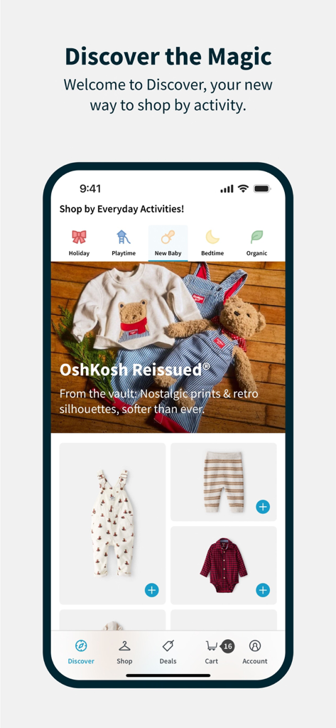Carter's - Carter'sアプリのディスカバー画面で、アクティビティ別ショッピング機能とキュレーションされた子供服コレクションを強調表示