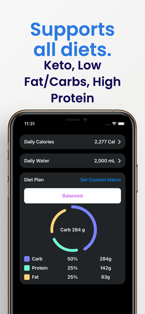 Food Diary - Lilbite - Interfaz de la aplicación Lilbite que muestra el rastreo diario de macronutrientes para proteínas, carbohidratos y grasas en modo oscuro