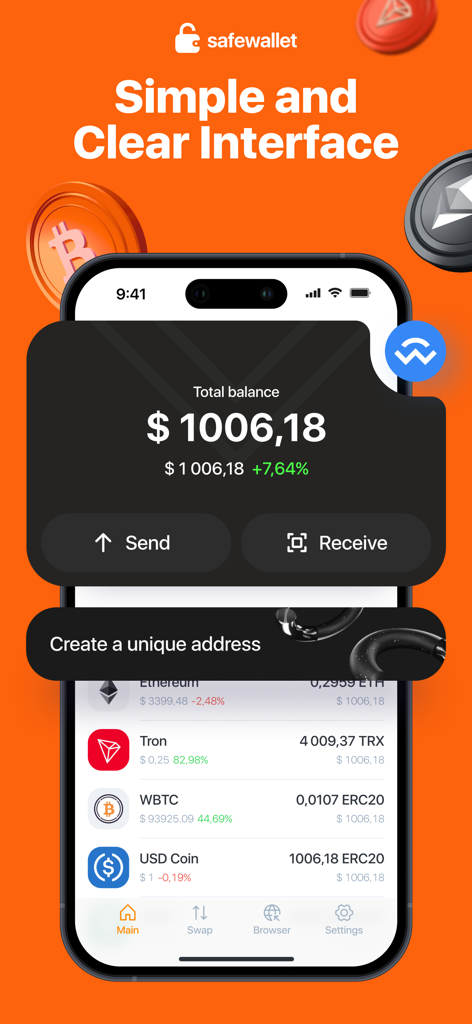 Safe Wallet mobile app showing a simple and clear crypto dashboard with asset balances