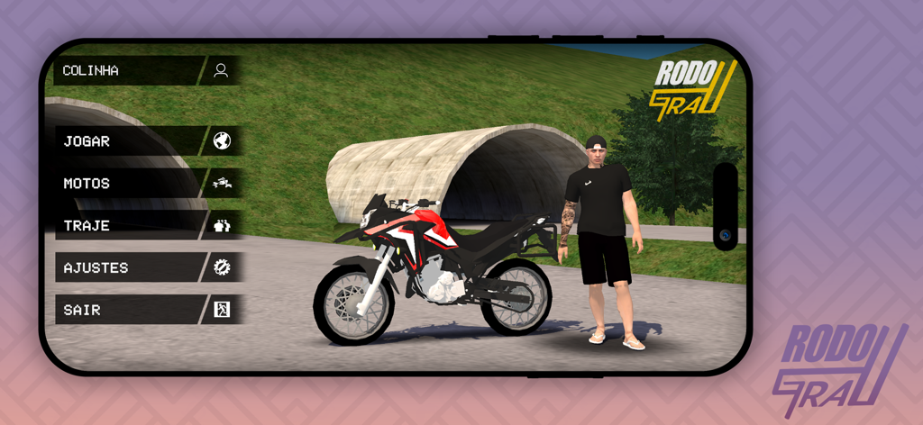 Main menu of RodoGrau Online featuring a customized motorcycle and character standing in front of a tunnel