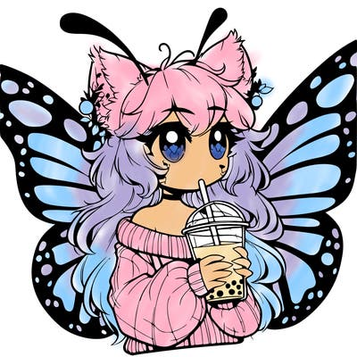 a realistic butterfly/furry girl drinking boba
