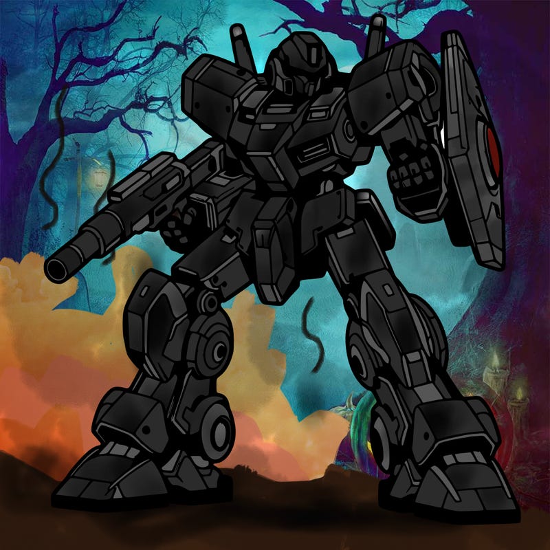 mecha in a defensive stance.