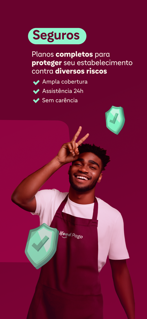 iFood Pago - A smiling restaurant owner next to iFood Pago business insurance features highlighting broad coverage and 24h assistance