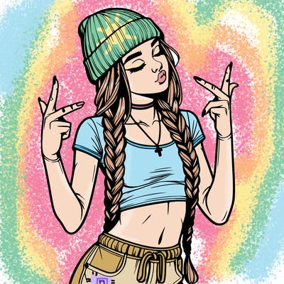 realistic teenage girl with braids and a beanie and crop top doing 🫶🏼