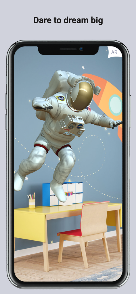 ARLOOPA: Scan & Discover AR - ARLOOPA app displaying a 3D astronaut floating in a childs bedroom using augmented reality