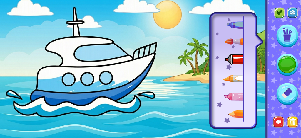 Drawing for Kids Coloring Book - Página para colorear digital de un barco en el océano con herramientas de dibujo para niños