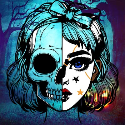realistic girl with half skull mask