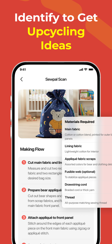SewPal - Sewing Guides & Ideas - Interfaccia dell'app SewPal che mostra materiali e istruzioni passo-passo per un progetto di upcycling identificato tramite scansione di un oggetto