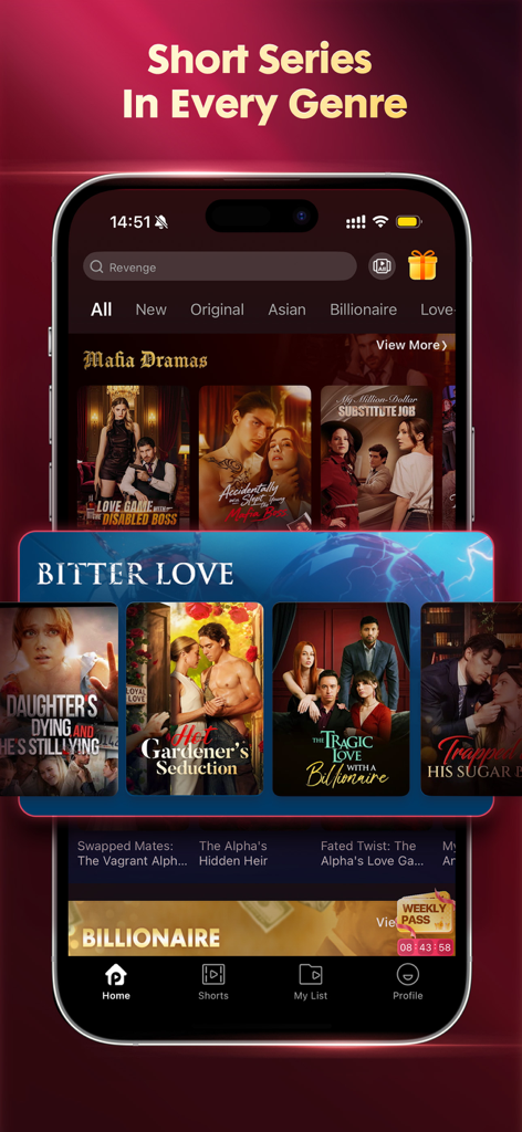Playlet app interface showcasing various short drama series and genres like Billionaire and Mafia