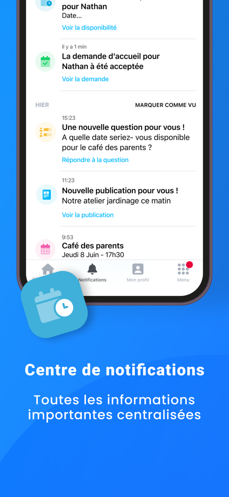 Kidizz - Centre de notifications de l'application Kidizz affichant les mises à jour et les messages centralisés pour les parents