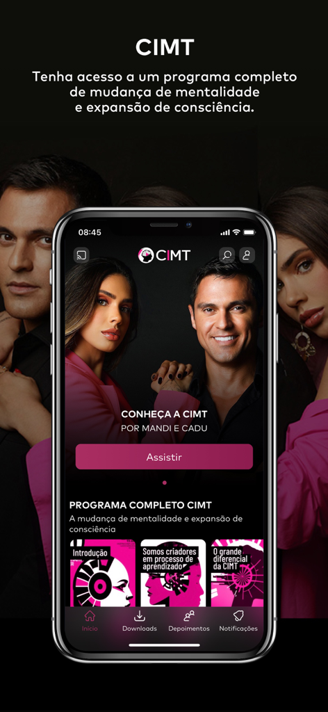 Pantalla de inicio de la aplicación móvil CIMT que muestra el programa de mentalidad de Mandi y Cadu