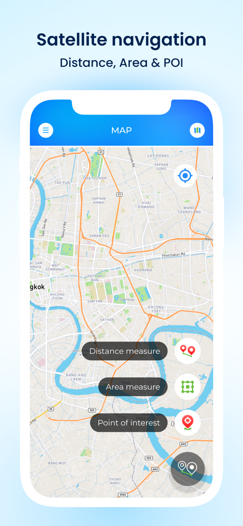 Fields Area Measurement app interface showing satellite navigation with distance and area measurement tools on a city map.