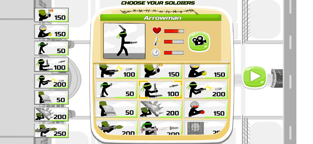 Stickman Army : The Defenders - Soldier selection screen in Stickman Army The Defenders showing unit types costs and stats
