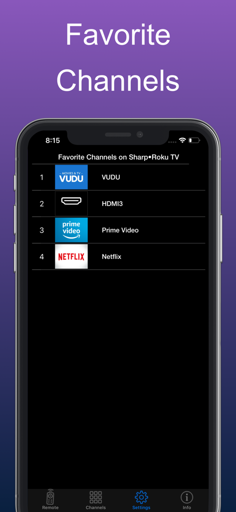 La aplicación Control Remoto Roku TV muestra una lista de canales favoritos en un iPhone