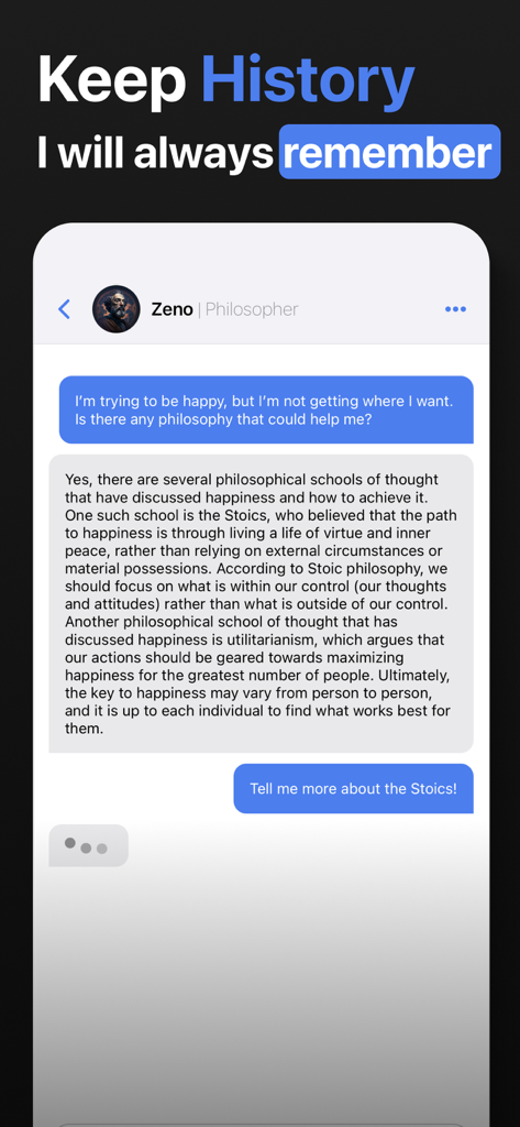 Socrates AI: Smartest Chatbots - Socrates AI app chat screen with Zeno the philosopher persona discussing happiness
