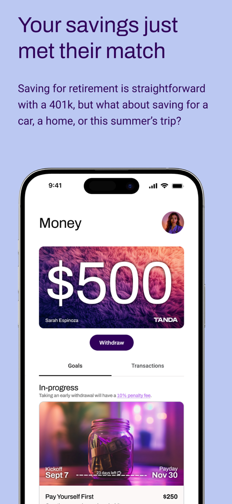 Mobile interface of the TANDA app displaying a five hundred dollar balance and progress on a goal-oriented savings plan