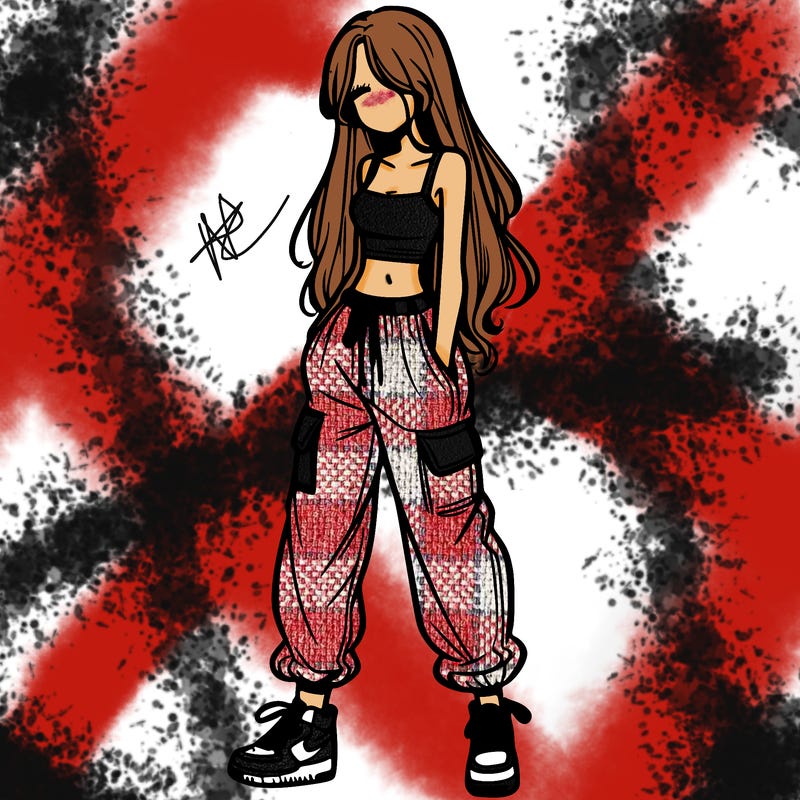 girl in baggy pants crop top and long hair