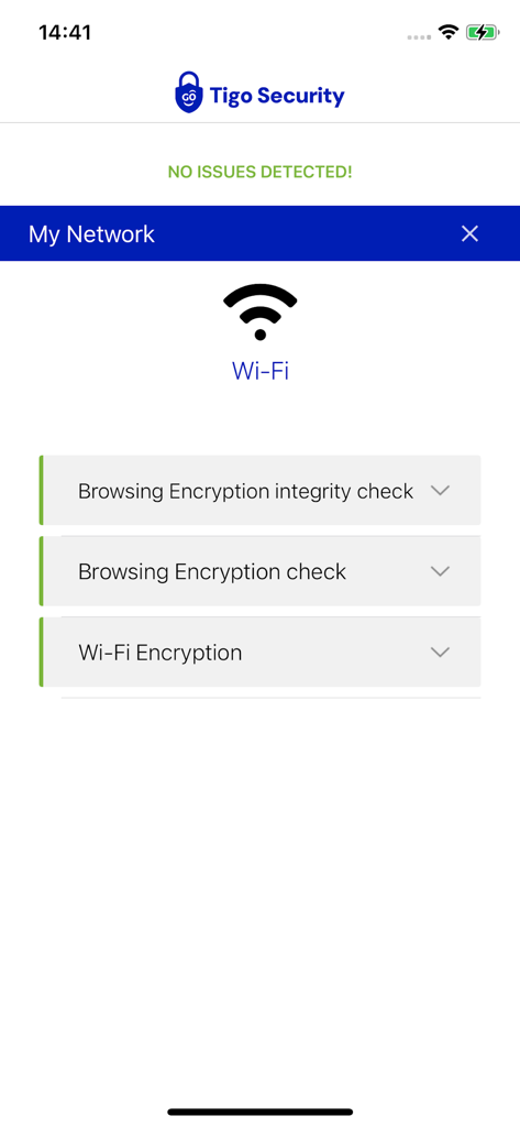 Tigo Security - Tigo Securityアプリの画面。Wi-Fiネットワークの暗号化とブラウジングの整合性チェックが成功したことを示しています。
