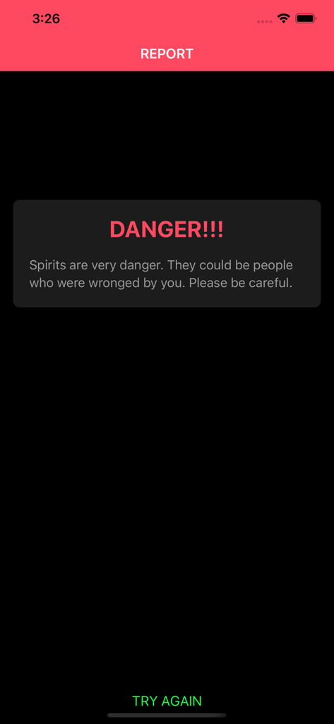 Danger alert screen from the Ghost Detector Radar Simulator app warning about spirits