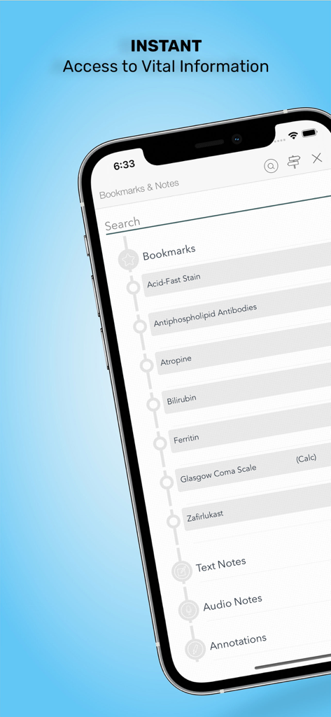 Pediatrics On Call app screen showing bookmarked medical terms and notes section