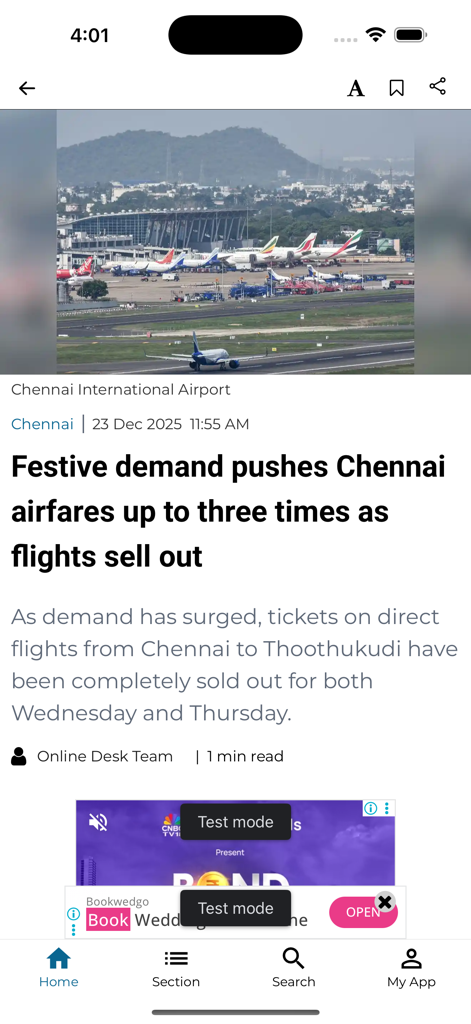 DTNEXT - Aplicación de noticias DTNEXT que muestra un artículo sobre los precios de los vuelos en el Aeropuerto Internacional de Chennai