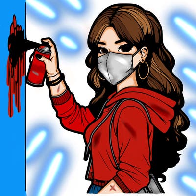 realistic girl with mask spray painting a wall