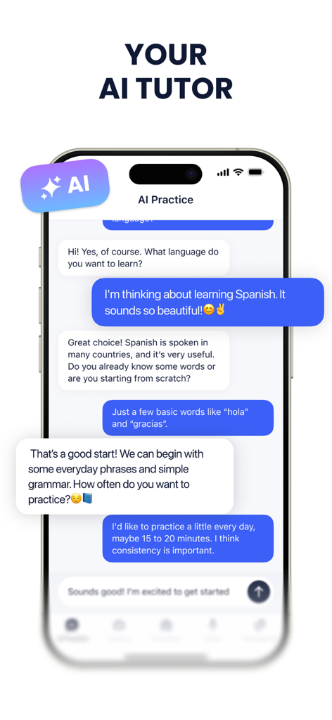 AI Translator - Just Translate - An AI language tutor chat interface showing a conversation for learning Spanish