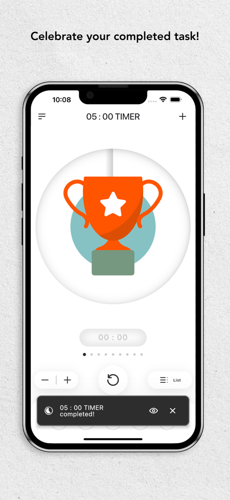 Time Timer app screen displaying an orange trophy icon and a notification for a completed task