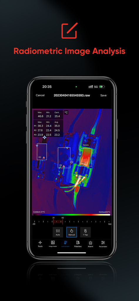 Thermal image analysis on a mobile app showing temperature data for electrical components