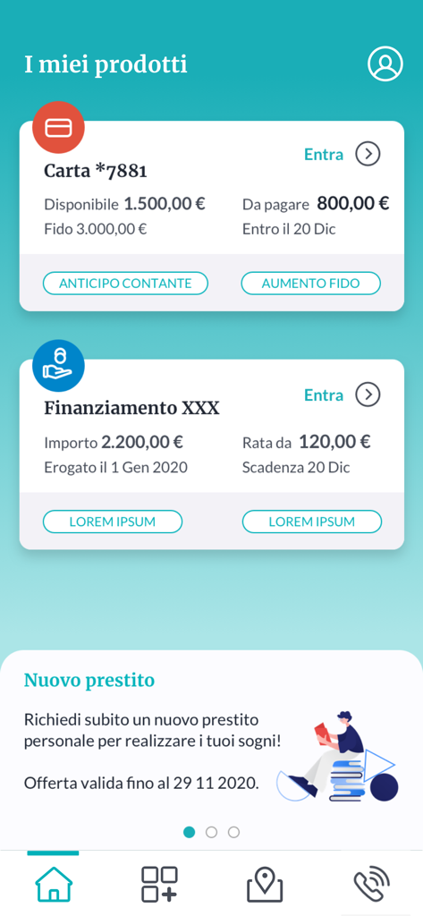 Dashboard dell'app Agos che mostra i dettagli delle carte di credito e i prestiti attivi in italiano.