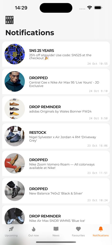 A tela de notificações do aplicativo The Drop Date mostrando alertas de lançamento e reabastecimento de tênis para marcas como Nike, Adidas e New Balance