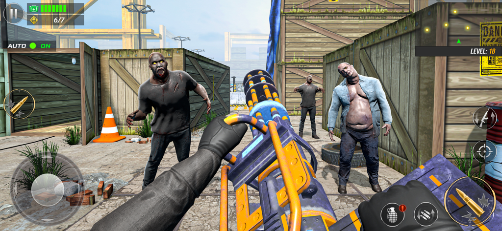 Una pantalla de juego de disparos en primera persona que muestra a un personaje con una gran ametralladora enfrentando zombis en un patio industrial.