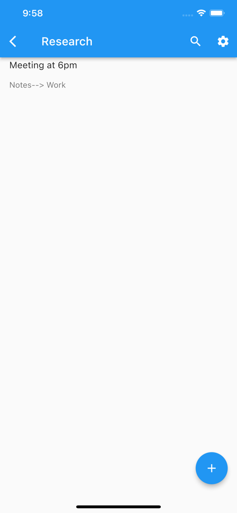 Tela de pesquisa no aplicativo Inventário rápido e fácil mostrando uma entrada de tarefa de reunião de trabalho e um botão azul de adição para novos itens.
