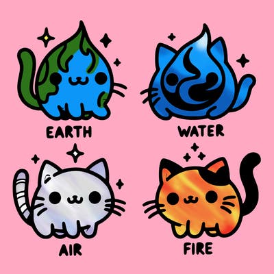 4 cats that represent the different elements, earth, water, air, and fire