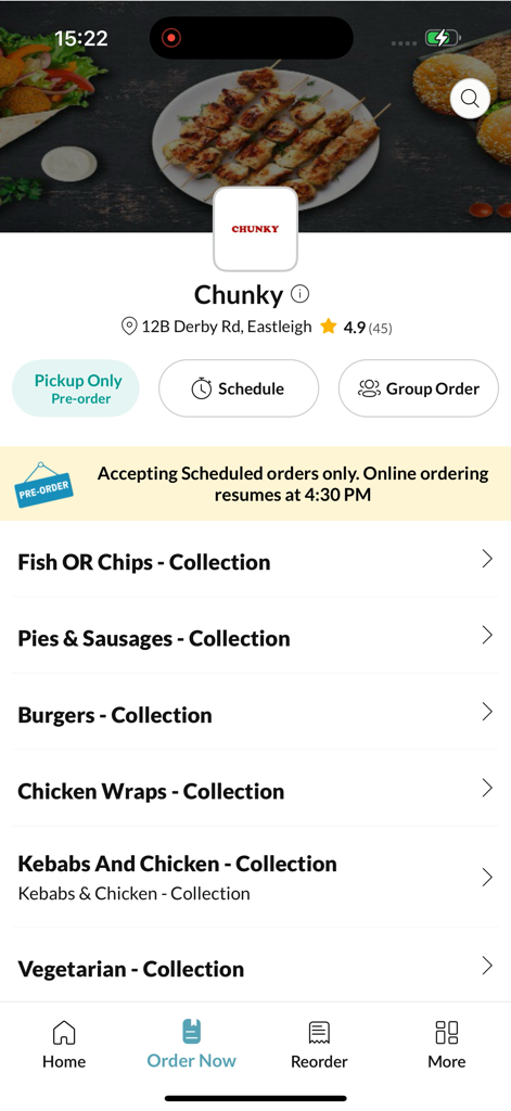 Chunky - Mobile app screen showing the Chunky restaurant menu with food categories and ordering options