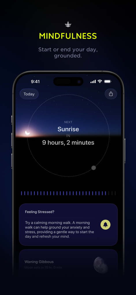 Lumy - Sun Tracker for Outdoor - Écran de smartphone affichant l'application Lumy en mode pleine conscience avec minuteur de lever de soleil et suggestions de bien-être