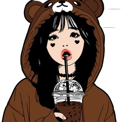 realistic girl with mouth in a bear hoody drinking boba