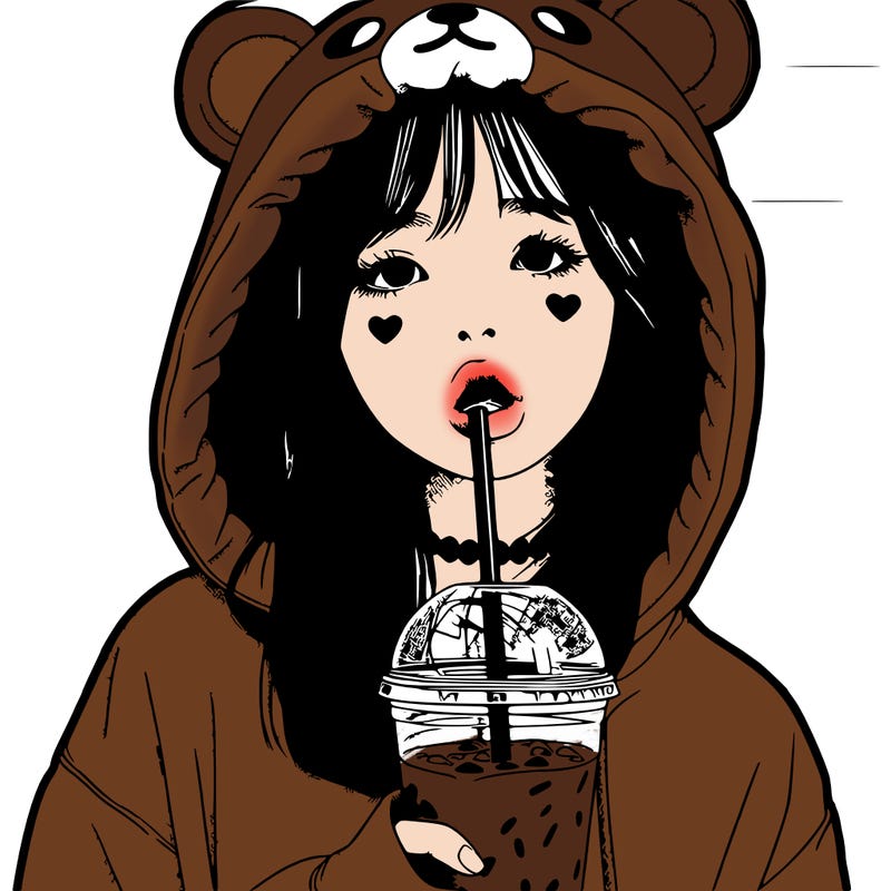 realistic girl with mouth in a bear hoody drinking boba