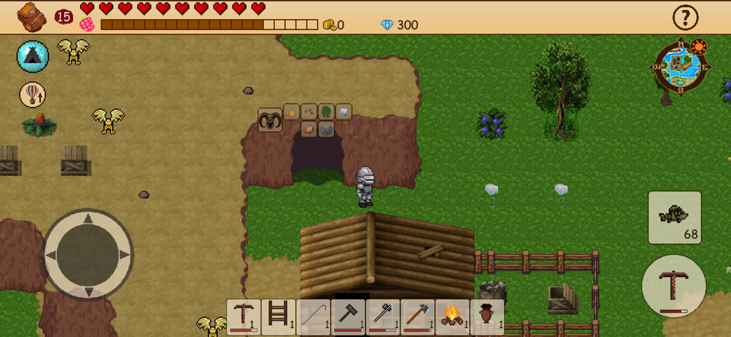 Survival RPG: Open World Pixel - A 2D pixel art knight character stands near a wooden cabin and a cave entrance in an open world survival game.